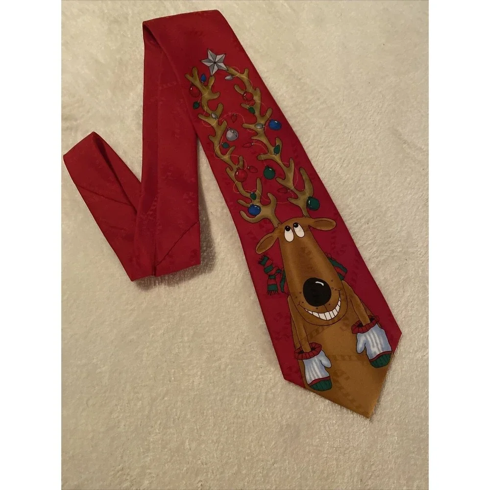Hallmark Yule Tie Greetings Mens Neck Tie Reindeer Christmas Red classic